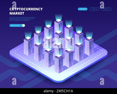 Cryptocurrency Market. Cloud data center with hosting servers. Computer technology, network and database, internet center. Server racks with cloud. Ve Stock Vector