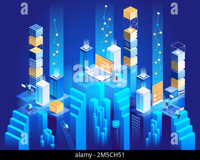 Technology isometric concept. Digital blocks connection with each other. Digital technologies. Monitoring and testing of the digital process. Business Stock Vector
