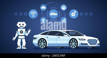 Autonomous car. Self-driving car with robot and icons. Artificial intelligence on the road. Vector infographics illustration Stock Vector