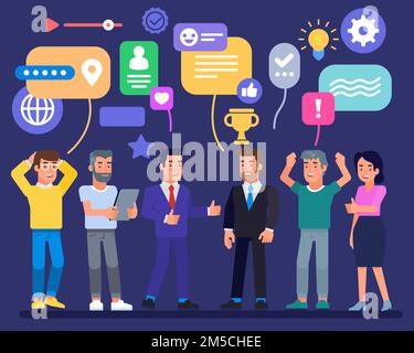 Successful Business Team with trophy icon and speech bubbles Businessmen company achievements Employees working collaboratively to achieve a good idea Stock Vector