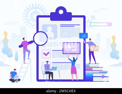 Concept of job interview, working experience, recruitment, job application. HR managers looking at curriculum vitae of job seeker. Vector flat illustr Stock Vector