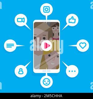 Vector illustration of the Viral Content. Likes, shares and comments popping up on the mobile screen. Video content for millennials. Stock Vector