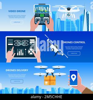 Drones with box and remote control flying over city Hands with tablet Flat design element vector illustration Stock Vector