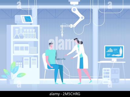 Man with bionic arm. Artificial hand. Science lab. Future medicine. Vector illustration Stock Vector