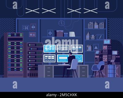 Internet hacker attack and personal data security concept. Computer security technology. E-mail spam viruses bank account hacking. Hacker working on a Stock Vector