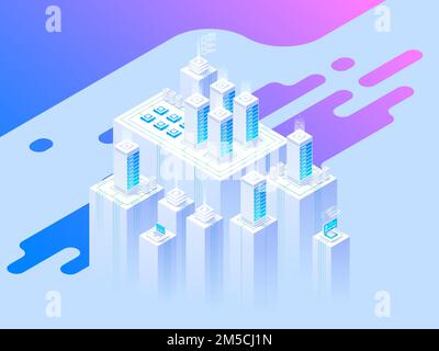 Hosting concept with cloud data storage and server room. Server rack with cloud. Header template. Vector illustration in Isometric style Stock Vector