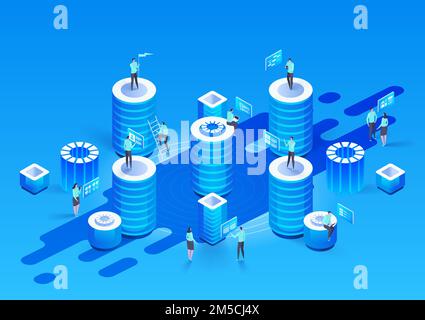 Abstract high technology concept. Data storage. Web cloud technology business. Internet data services. Vector isometric illustration. Stock Vector