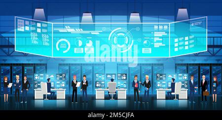 Cloud data center Server room with technical staff. Flowchart, racks of servers and virtual display Vector illustration Stock Vector