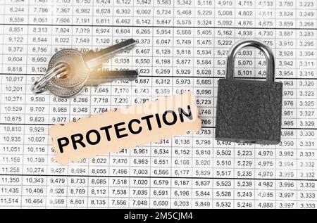 Business and security concept. Against the background of a table with reports, a lock, keys and a sign with the inscription - protection Stock Photo