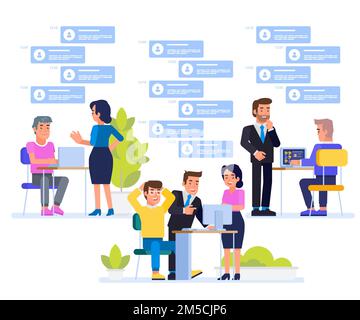 Online assistant at work. Working together in the company. Brainstorming. Promotion in the network. Manager at remote work. Searching for new ideas so Stock Vector