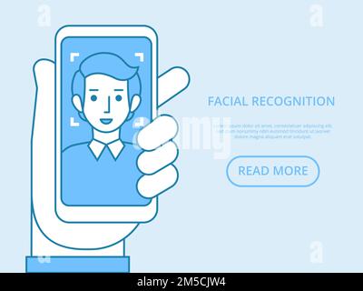 Facial recognition concept. Face ID, face recognition system. Hand holding smartphone with human head and scanning app on screen. Modern application. Stock Vector