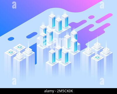 Big data center and cloud storage technology. Header for landing page. Mainframe computer, processing center concept. Isometric vector illustration. Stock Vector