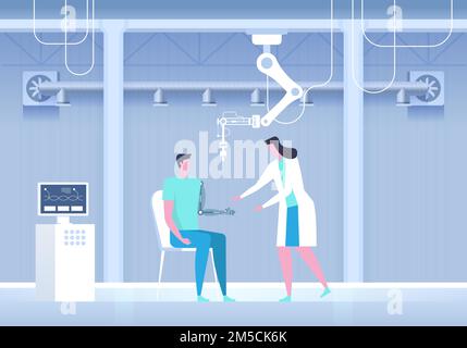 Man with bionic arm. Artificial hand. Science lab. Future medicine. Vector illustration Stock Vector