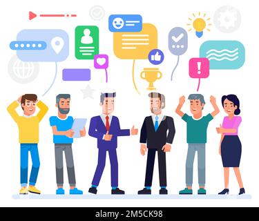 Successful Business Team with trophy icon and speech bubbles Businessmen company achievements Employees working collaboratively to achieve a good idea Stock Vector