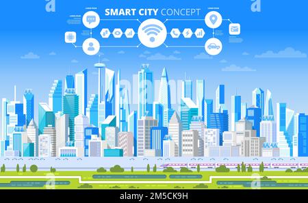 Urban landscape with infographic elements. Smart city. Modern city. Concept website template. Vector illustration. Stock Vector