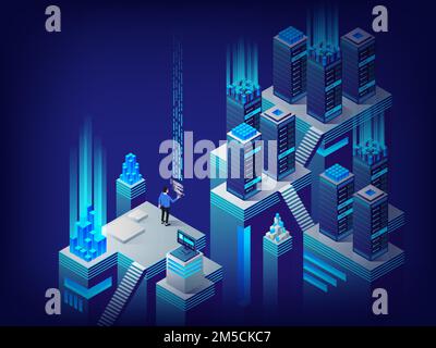 Concept of big data processing, energy station of future, server room rack, data center isometric vector illustration Stock Vector