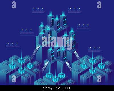 Server room, concept, isometric vector illustration of data center and data exchange, cloud storage Stock Vector