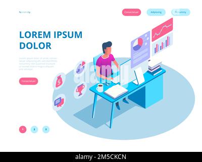 Young man working on the computer programmer, business analysis, design, strategy. Isometric vector illustration Stock Vector
