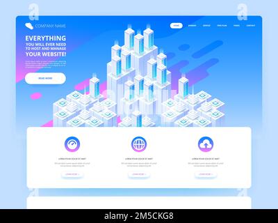 Website design. Big data center and cloud storage technology. Vector isometric illustration template for website and mobile website design and develop Stock Vector