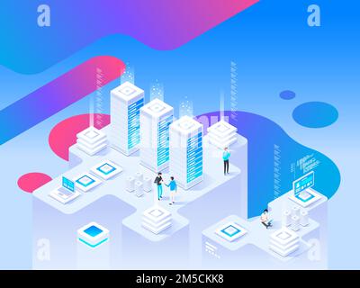Big data flow processing. High technology concept. Vector isometric illustration Stock Vector