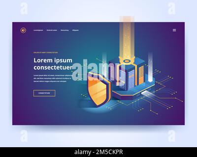 Isometric vector illustration of digital protection mechanism, system privacy. Data secure. Web crime or virus attack. Symbol of protection. Hacking c Stock Vector