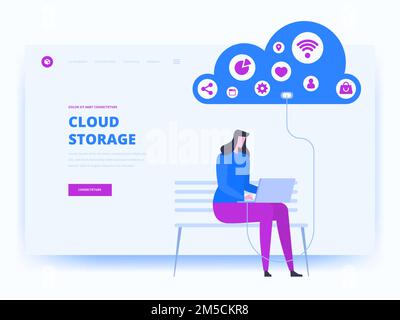 Modern flat design concept of Cloud Technology for website and mobile website development. Landing page template. Cloud computing service online media Stock Vector