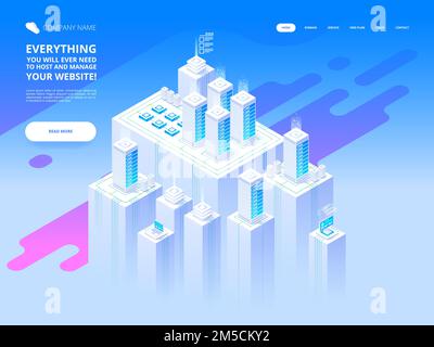 Hosting concept with cloud data storage and server room. Server rack with cloud. Header template. Vector illustration in Isometric style Stock Vector