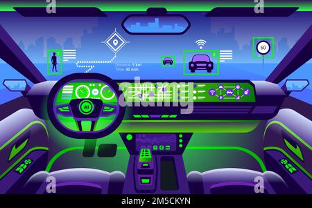 Autonomous smart car interior. Self driving at city landscape. Display shows information about the vehicle is moving, GPS, travel time, scan distance Stock Vector