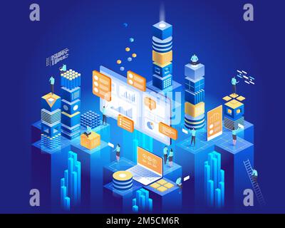 Technology concept of digital marketing and app development. People interacting with charts and analysing statistics. Data visualisation. 3d isometric Stock Vector