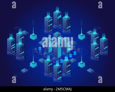Virtual server room. Abstract technology objects, cloud storage, data center networking and internet. Isometric vector concept. Stock Vector