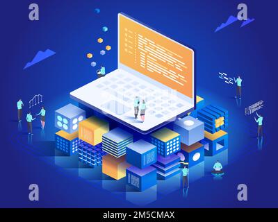 Software, web development, programming concept. People interacting with laptop,  charts and analyzing statistics. Technology process of Software devel Stock Vector