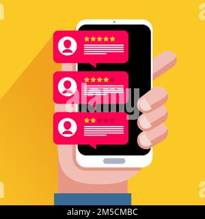 Review rating bubble speeches on mobile phone vector illustration, flat style smartphone reviews stars with good and bad rate and text, concept of tes Stock Vector