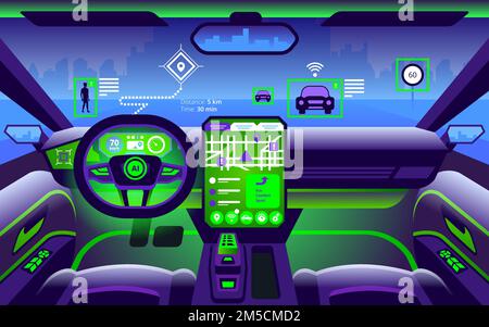Autonomous smart car interior. Self driving at city landscape. Display shows information about the vehicle is moving, GPS, travel time, scan distance Stock Vector