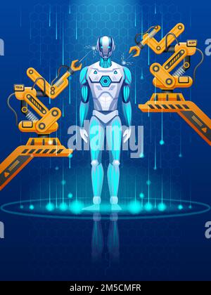Robot assembly line producing cyborg in factory. Vector illustration ...