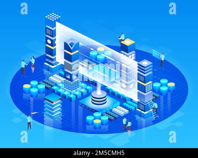 Isometric technology concept. Database Network Management. Big Data processing, energy station of future. IT Technician Turning Server. Cloud service. Stock Vector