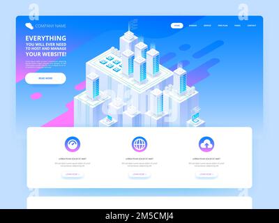 Hosting concept with cloud data storage and server room. Server rack with cloud. Header template. Vector illustration in Isometric style Stock Vector