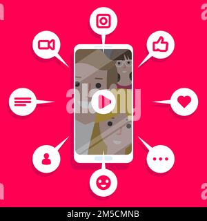 Vector illustration of the Viral Content. Likes, shares and comments popping up on the mobile screen. Video content for millennials. Stock Vector