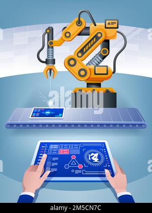 A man managin a smart factory using a tablet and artificial intelligence Stock Vector
