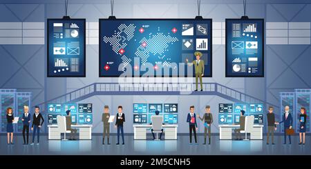 Government Surveillance Agency and Military Joint Operation. People and the military Working at System Control Center. Stock Vector