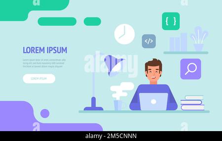 Programmer or web engineer at work. Programmer programming web site landing page template. Flat vector illustration can use for web banner, infographi Stock Vector