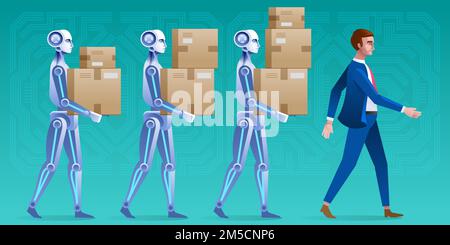 A group of robots helps businessmen.  Futuristic Artificial Intelligence Mechanism Technology Flat Vector Illustration Stock Vector