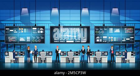 Professional IT engineers in big data center work on new technology government project with server rooms and computers System Control Center Full of M Stock Vector