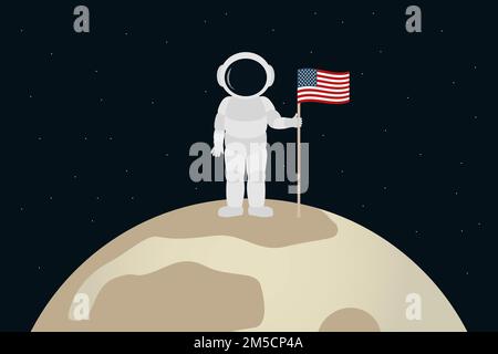 American cosmonaut stand on moon and hold flag of USA. Cartoon style. Vector illustration. Stock Vector