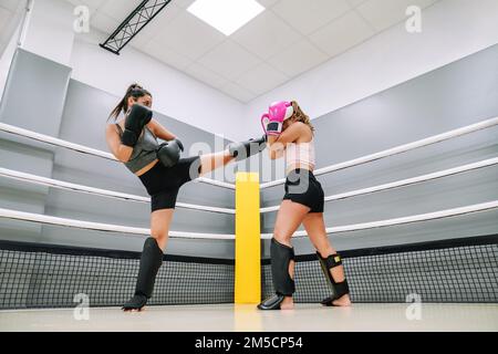 Female athlete standing up giving a high kick to her opponent in kickboxing practice Stock Photo