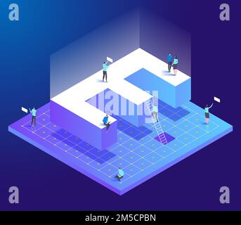Isometric creative font. Letter E with small people. Design for business, web, site, banner. Vector illustration Stock Vector