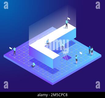 Isometric creative font. Letter L with small people. Design for business, web, site, banner. Vector illustration Stock Vector