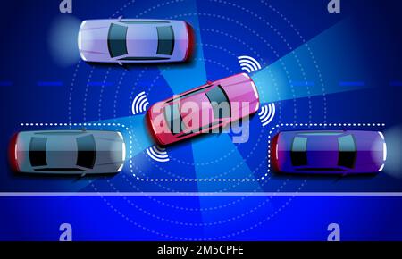 Autonomous car leaves the Parking. draiverless vehicle in the city street on the night. Stock Vector