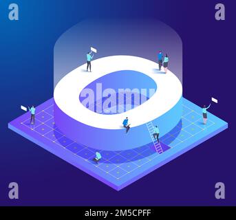 Isometric creative font. Letter O with small people. Design for business, web, site, banner. Vector illustration Stock Vector