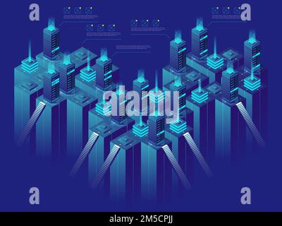 Server room, concept, isometric vector illustration of data center and data exchange, cloud storage Stock Vector
