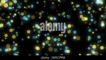 Flickering and moving in space yellow and blue lights. Particles from bokeh on a black background. 3D render. Stock Photo